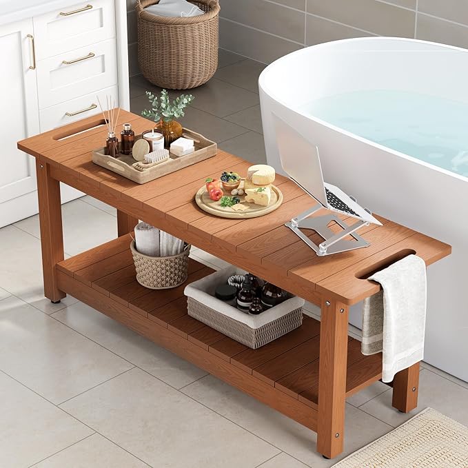 Stoog 41" Large Shower Bench, Waterproof Shower Stools with 400 lbs Weight Capacity, Shower Chair Seat for Bathroom, Non-Slip, Brown