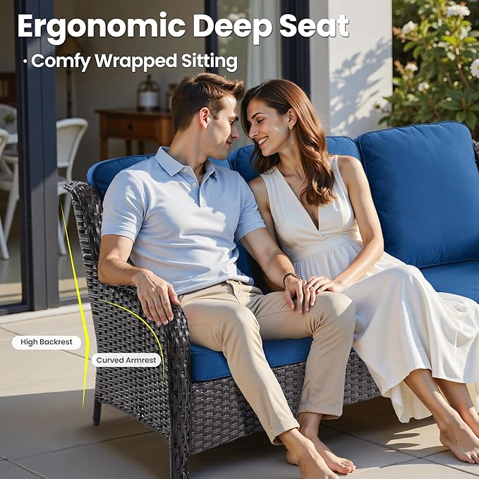 ovios 6-Pieces Patio Furniture Set with 42 Inch Fire Pit Table, Outdoor Wicker Sofa Couch Ottomans Comfy Cushions, High Back Modern Conversation Set, Brown Rattan, Navy Blue