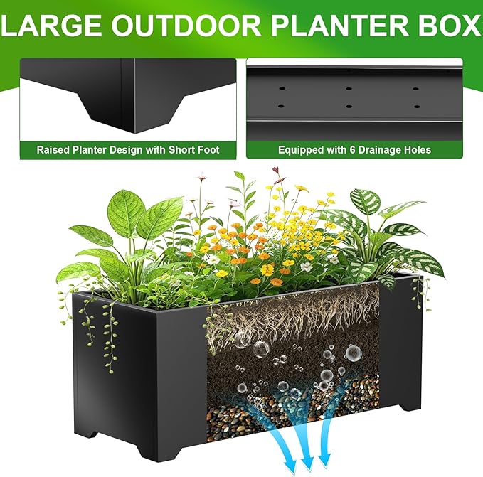 Metal Planter Box 36"L x 15"W x 15"H, Large Outdoor Rectangle Planters with 6 Drainage Holes & Raised Bottom, All-Weather Garden Planter Box for Patio, Lawn, Commercial & Residential, Black