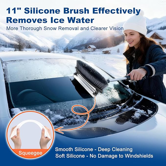 57" Extendable Long Snow Brush with Ice Scraper for Car Truck SUV Van - Soft Squeegee with 270° Pivoting Brush Head for Windshieldand Window - Snow Scraper with Antifreeze Gloves