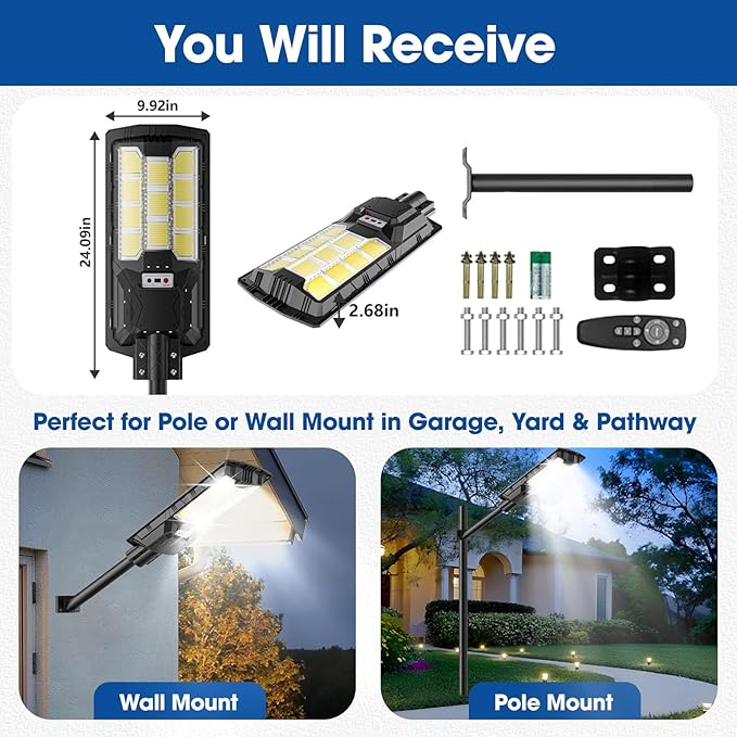 10000W Solar Street Light - 6500K Dusk to Dawn, IP65 Waterproof, Wide-Angle Motion Sensor + Remote Control for Courtyards/Parking Lots