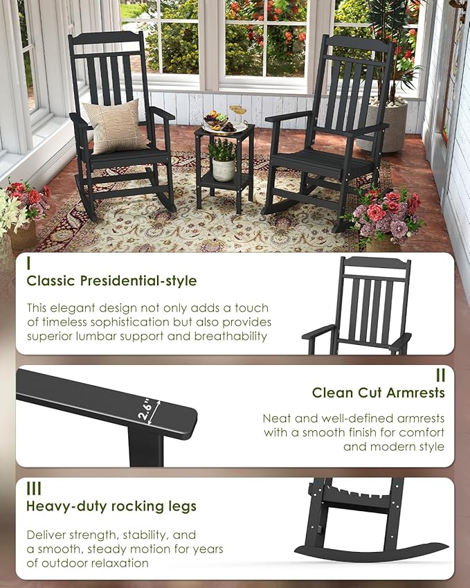GREENVINES Outdoor-Rocking-Chairs-Set-of-4 | HDPE Plastic | Patio Rockers | Porch Rocker Chair | Oversized | High Back | Big & Tall | Black