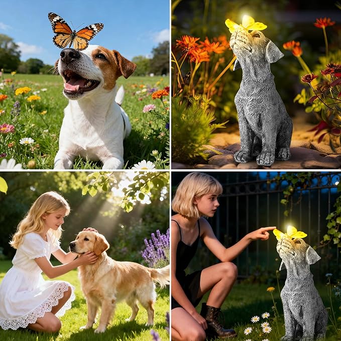 Garden Statues Dog Statue with Solar Butterfly, Ideal Gifts for Friends or Family's Birthday, Outdoor Decorations for Yard
