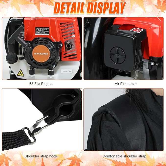 Backpack Leaf Blower, 63cc Backpack Blower, 700 CFM/200 MPH, for Wet Leaf & Debris Clean & Snow Removal