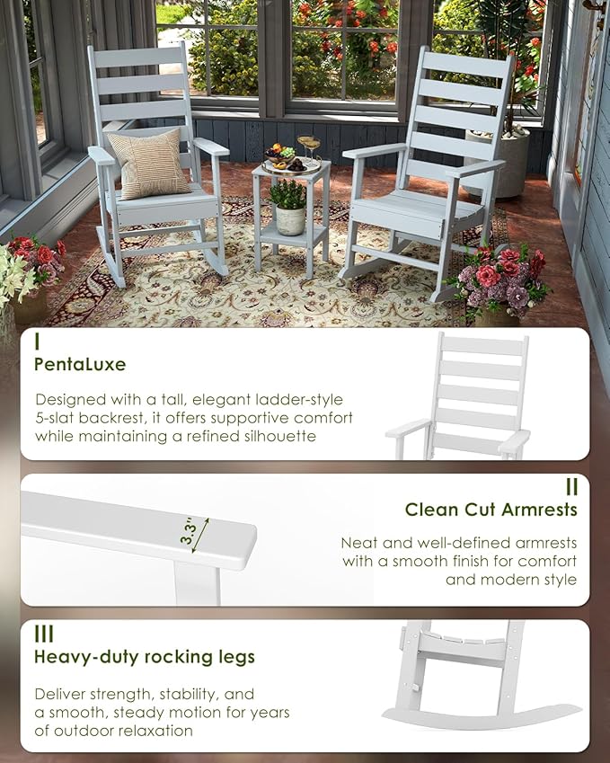GREENVINES Outdoor-Rocking-Chairs-Set-of-2 | HDPE Plastic | Patio Rockers | Porch Rocker Chair | Shaker | Oversized | High Ladder Back | Big & Tall | PentaLuxe | White