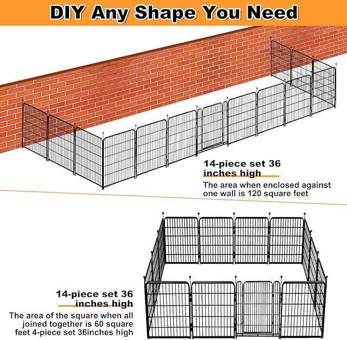 Garden Fence with Gate 36 in(H)×27 in(L) 14 Panels Total 31 Ft(L), Garden Fences and Borders for Dogs, Animal Barrier Fence, Black Metal Decorative Garden Fencing