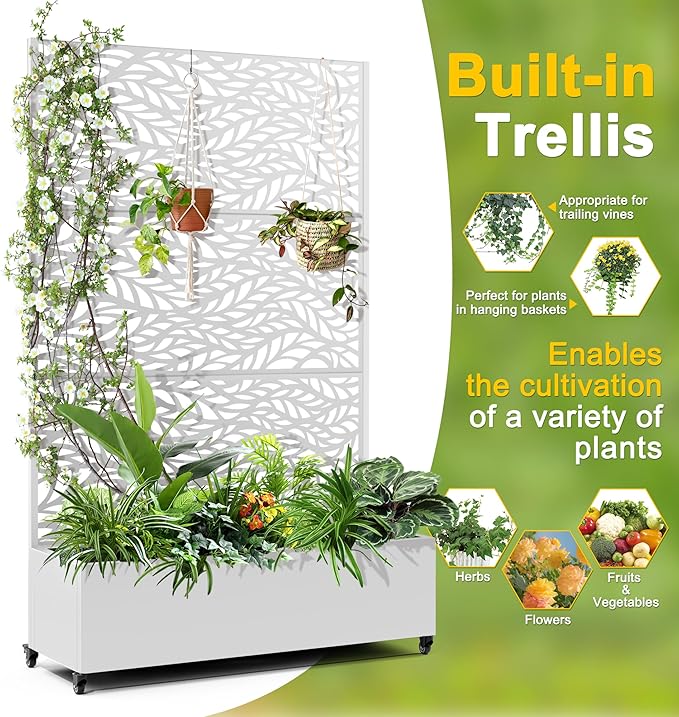 FENCY Metal Raised Garden Bed with Wheels and Trellis,73"x47"x16" Planter Box for Climbing Plants, Vegetables & Vines, Features Privacy Screen and Drainage Holes (White-Leaf)