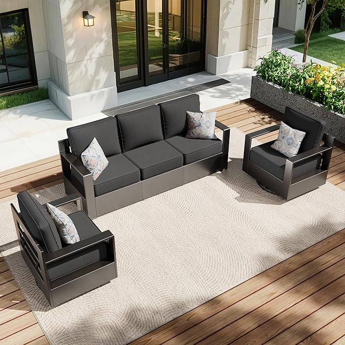 Aluminum Patio 79" Sofa Set with 2 Swivel Rocker Chairs, All Weather Outdoor Conversation Furniture with Metal Armrest & 6" Removable Cushions & Furniture Covers for Deck (Grey)