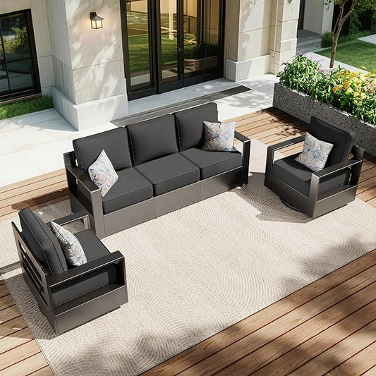 Aluminum Patio 79" Sofa Set with 2 Swivel Rocker Chairs, All Weather Outdoor Conversation Furniture with Metal Armrest & 6" Removable Cushions & Furniture Covers for Deck (Grey)