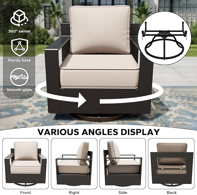 Aluminum Outdoor Swivel Rocker Chairs Set of 2 - All Weather Use Porch Furniture, 2 Pieces 360 Degree Swivel Glider Patio Chairs with 6" Water-Resistant Cushion & Chair Covers (Beige)