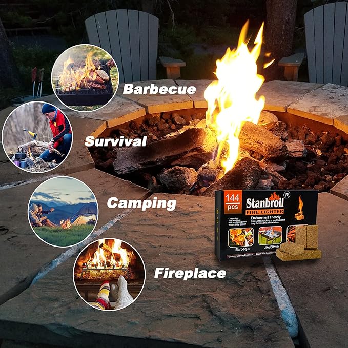 Stanbroil 144 pcs Fire Starters, Natural Charcoal Squares Fire Starters Super Fast Lighting Perfect for Barbecue Grills, Smokers, Wood Stove, Campfires and Outdoor Fireplaces