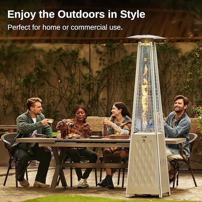 EAST OAK Pyramid Patio Heater, 48,000 BTU Outdoor Patio Heater, Quartz Glass Tube Propane Heater for Commercial & Residential, Triple Protection System, With Wheels, 2024 Upgrade, Champagne White