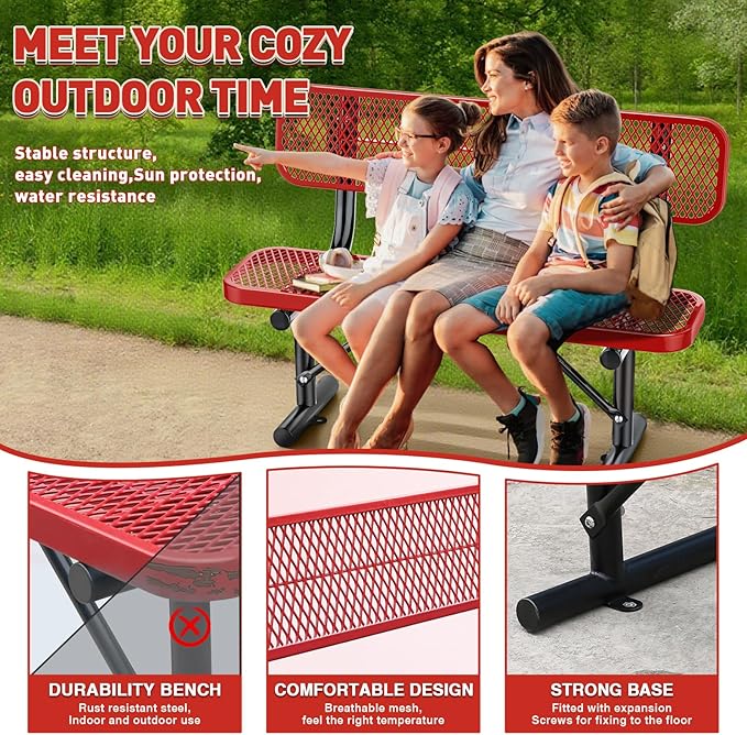 Heavy Duty Park Bench for Outside, Metal Park Bench with Back Portable Frame, Outdoor Steel Mesh Garden Bench with Backrest for Garden, Lawn, Patio, Porch, Park, Yard (Red, 4FT/50INCH)