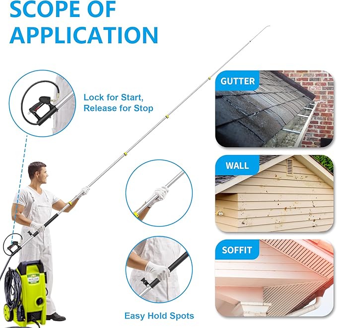 24 FT Telescoping Pressure Washer Wand Extension, Aluminum Power Washer Extension Wand with Brush Head, 5 Nozzle Tips, 2 Adapters, Support Belt, Gutter Cleaning Tools from The Ground