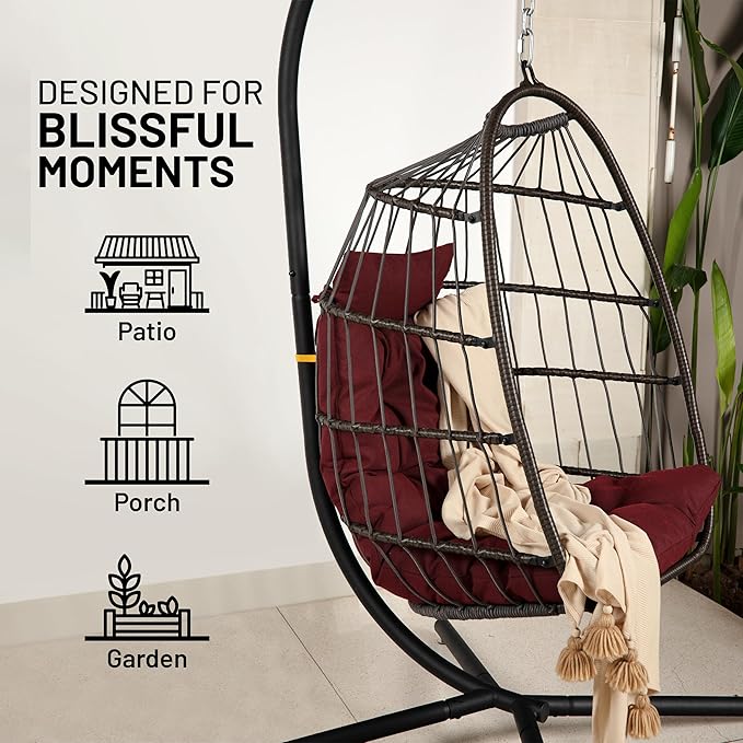 SereneLife Foldable Egg Swing Chair with Stand Outdoor Indoor Rattan Wicker Hanging Egg Chair with Waterproof Cushion and Headrest Cozy Patio Porch Bedroom Garden Relaxing Swing for Adults Heavy Duty