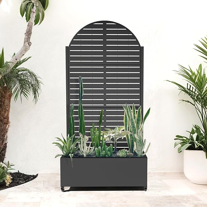 Metal Trellis with Planter Box for Climbing Plants Vegetables, Raised Garden Beds with Privacy Screen & Wheels, Standing Flower Box with Drainage Holes (35" L, Black Arch)