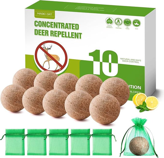 MAGIC CAT® Deer Repellent, Rabbit Repellent Outdoor Natural Peppermint Oil Deer Repellant for Plants Pet Family Safe, Deer Deterrent Balls Keep Rabbit Out of Lawn Garden Yard Shrub and Trees-10P