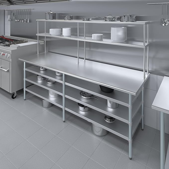 Amgood 30" x 96" Stainless Steel Work Table with 3 Shelves and 12" Wide Double Tier Overshelf | Metal Kitchen Prep Table & Shelving Combo | NSF
