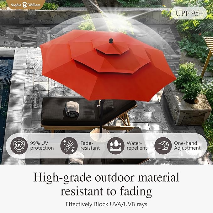 Sophia & William 10ft 3 Tier Auto-tilt Patio Umbrella, Outdoor Double Vented Umbrella with Crank, Orange Red