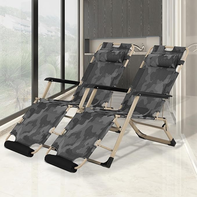MoNiBloom Set of 2 Folding Reclining Patio Chair, 3-Position Patio Lounger Folding Chair with Footrest for Backyard Poolside Lawn, Red, 330lbs Capacity, Camouflage