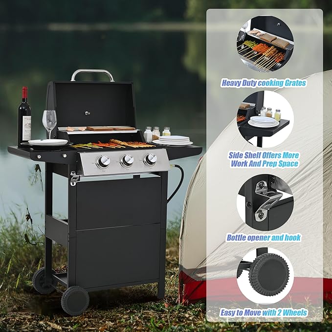 Propane Gas Grill 3 Burner Barbecue Grill, Stainless Steel 26,000 BTU Patio Garden Barbecue Grill with Two Foldable Shelves