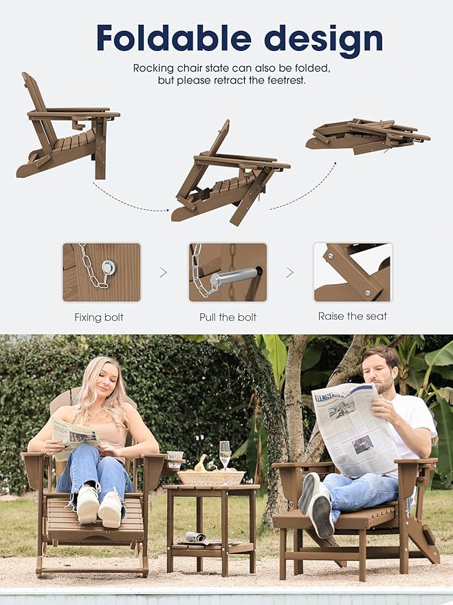 KINGYES Adirondack Rocking Chair Set of 2 with Retractable Ottoman and Cup Holders, HDPE Adirondack Rocker Patio Rocking Chair for Porch, Patio, Balcony, Brown