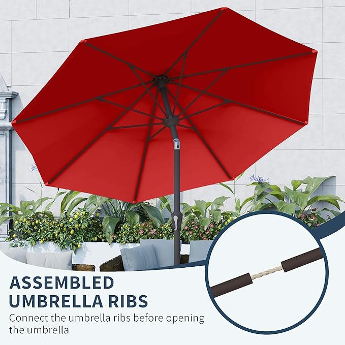PatioKingdom 10FT Patio Umbrella with Push Button Tilt and Crank, Outdoor Market Umbrella with 8 Fiberglass Ribs, UV Protection Table Umbrella for Pool,Backyard,Garden,Deck(Red, 10FT)
