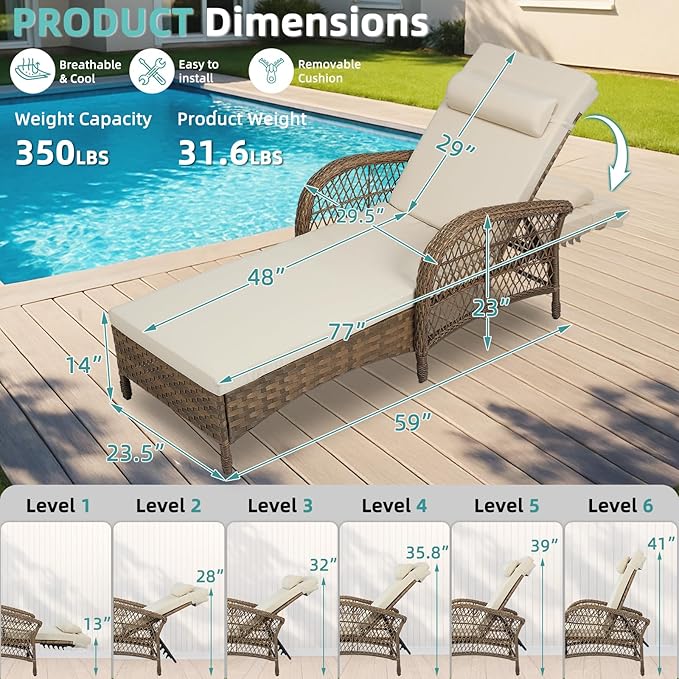MEETWARM Outdoor Wicker Chaise Lounge Chair with Cushion, 77" Long All Weather PE Rattan Patio Lounge Chair, 6-Positions Adjustable Pool Reclining Sunbathing Chair, Armrest & Head Pillows, Beige