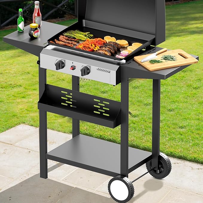 SKOK 2 Burner Outdoor Gas Griddle with Hood, Portable Flat Top Gas Grill-Table Top Propane Griddle Station with Side Shelves for Kitchen, Outdoor BBQ, Camping
