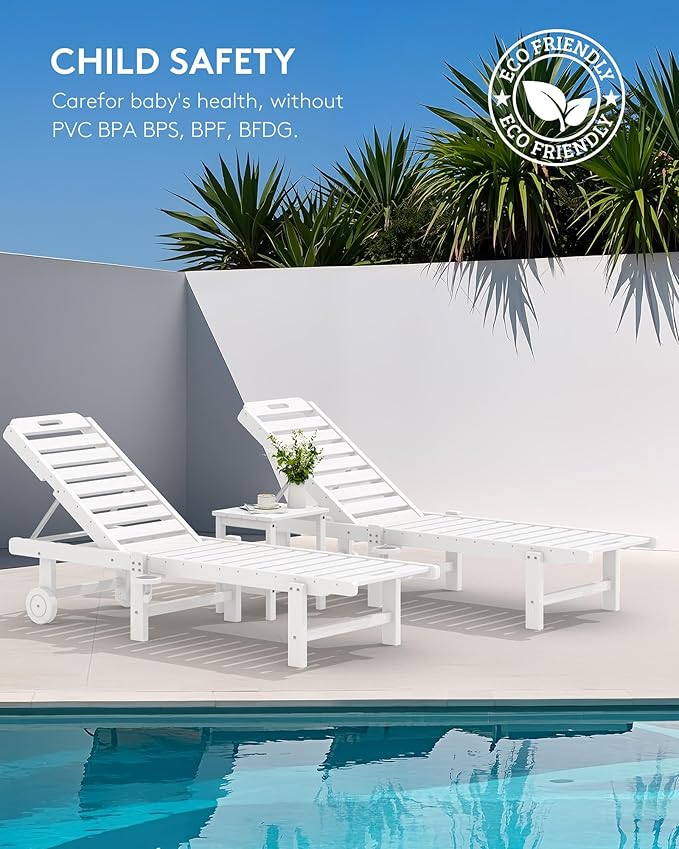 SERWALL Patio Chaise Lounge Set of 4, HDPE Outdoor Lounge Chair with Cup Holder, 5 Positions Adjustable Pool Lounge Chair with Rolling Wheels for Poolside, Deck, Sunbathing, White