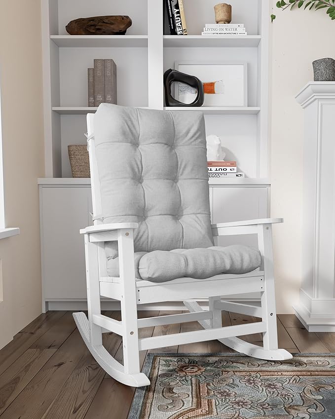 SERWALL Oversized Outdoor Rocking Chair, HDPE Rocker with Cushion, Patio Rocking Chairs for Porch, White Chair+Gray Cushion