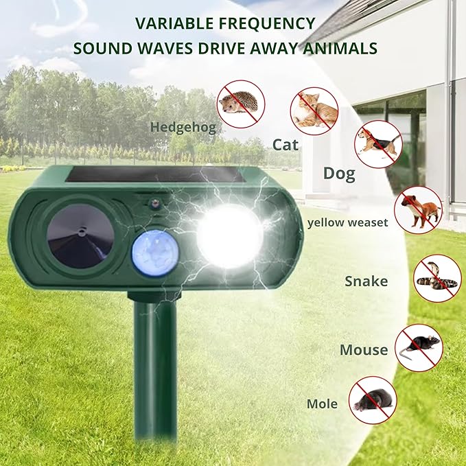 Outdoor Ultrasonic Animal Repellent – Solar Powered, Waterproof, Motion Sensor, Eco-Friendly, Deer, Dog, Cat, Raccoon, Squirrel, Skunk, Coyote, Fox, Rabbit, Geese, Ultrasonic Repeller 2pk