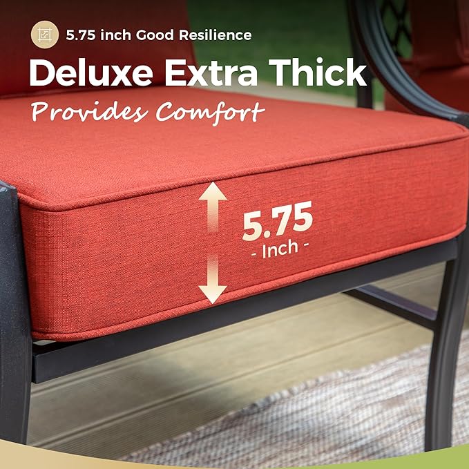 Patio Chairs Set of 2, High Back Outdoor Patio Metal Leg Chairs with 5.75" Thick Cushions for Bistro Balcony Porch Deck and Yard, Red