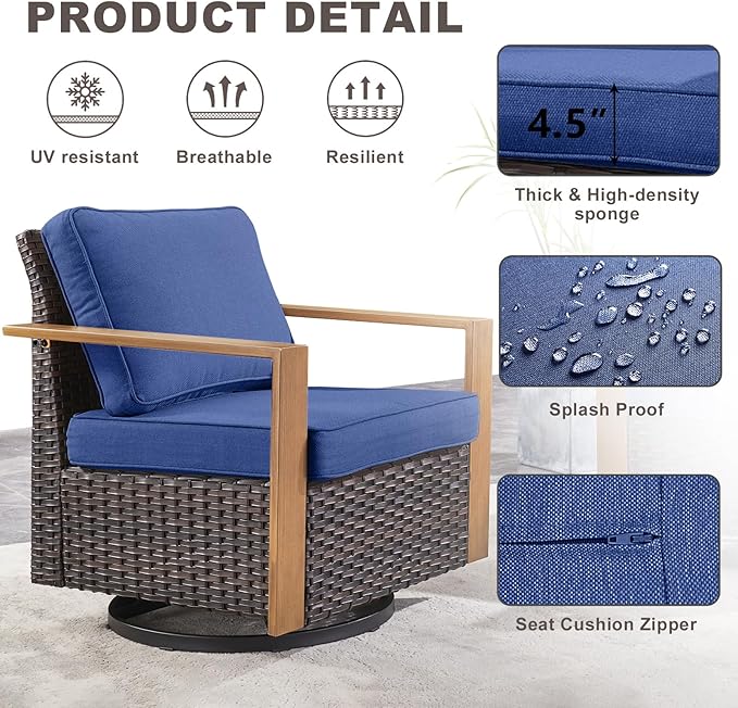 Rilyson Outdoor Patio Swivel Rocker Chairs - Wicker Rattan Patio Swivel Rocking Chairs Set of 2 with Metal Wide Armrest, Thick Cushions and Deep Seating for Deck Porch Sunroom Garden(Brown/Blue)