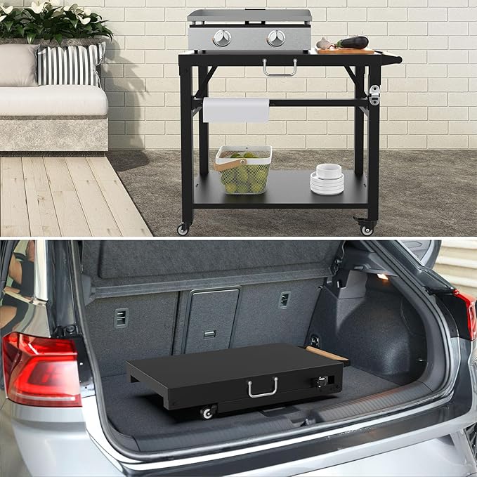 Upgrade Foldable Grill Cart Stand, Flat Top Dining Cart Table for Blackstone Griddle, Weber, Ninja Portable Grill, Outdoor Pizza Oven and More, Table Carts for Outdoor Camping
