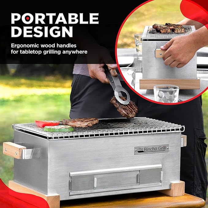 The Bincho Grill – 16" Mini Yakitori Grill – Stainless Steel Mini Tabletop Charcoal BBQ with Charcoal Box, Optimized Airflow & Cool-Touch Base - Perfect for Japanese Grilling, Skewers, Meat, Seafood