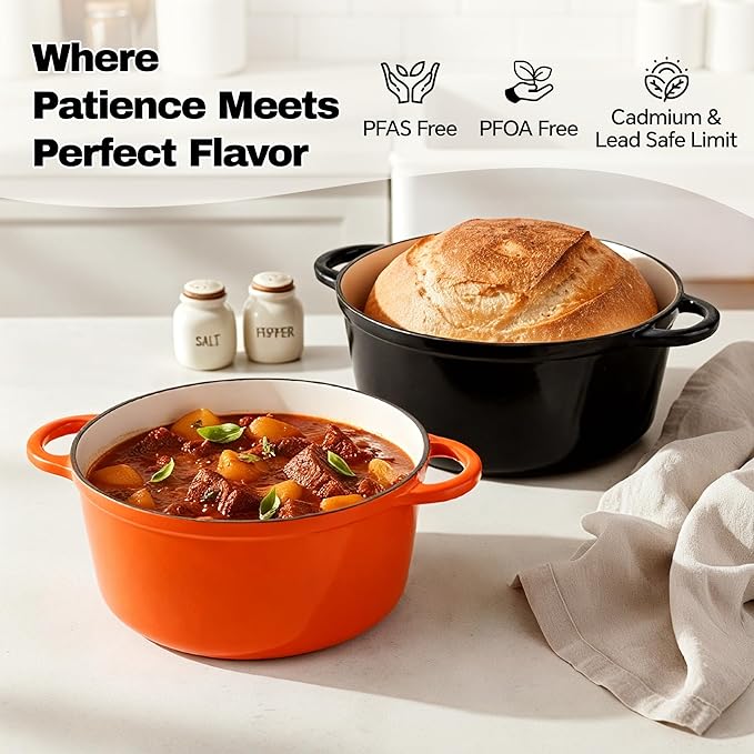 6.5 Quart Dutch Oven Pot with Lid, Non Stick Enameled Cast Iron Dutch Oven for Bread Baking, Heavy-Duty, Oven Safe Ceramic Cookware Up to 500°F for Baking, Braising, Stews, Roasting, Black
