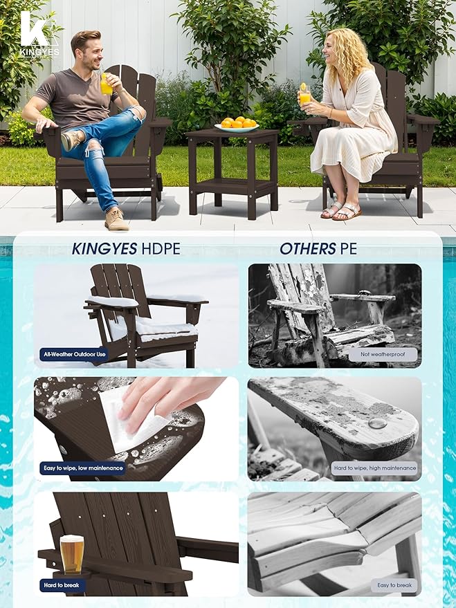 KINGYES Adjustable Folding Adirondack Chair, 3-Position Reclining Adirondack Chairs with Cup Holder, HDPE All-Weather Oversized Adirondack for Outdoor, Patio, Backyard Deck, Fire Pit, Brown
