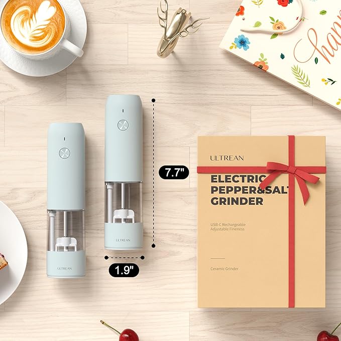 Ultrean Pepper Grinder, Rechargeable Salt and Pepper Grinder with 6 Adjustable Coarseness, LED Light, One-Hand Automatic Operation, Blue