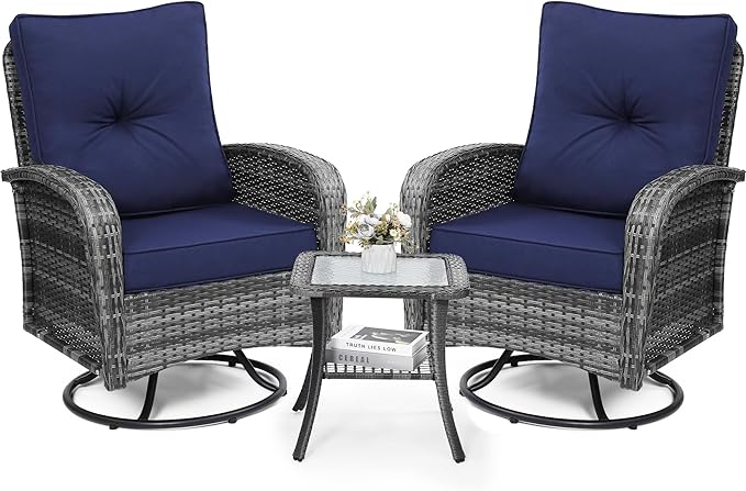 Luxury Outdoor Swivel Wicker Glider Patio Chairs with Table Set, Overstuffed Washable Cushions, Ideal for Porch, Balcony, Deck, Grey Rattan and Blue Cushion