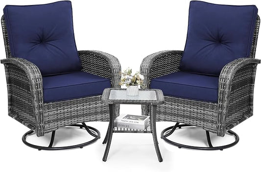 Luxury Outdoor Swivel Wicker Glider Patio Chairs with Table Set, Overstuffed Washable Cushions, Ideal for Porch, Balcony, Deck, Grey Rattan and Blue Cushion