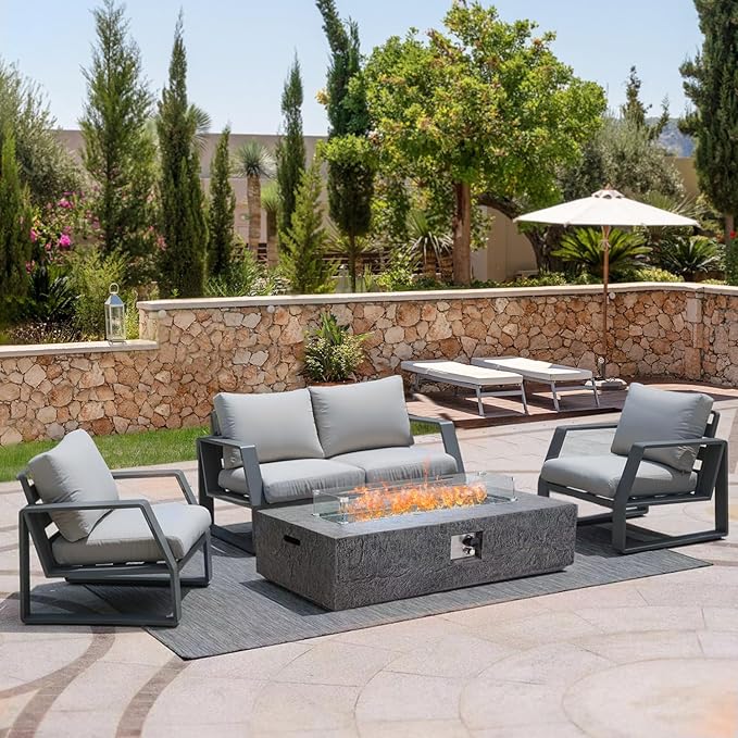 48" Outdoor Propane Fire Pit Table, Rectangle Fire Table w Glass Wind Guard(50,000 BTU), 2 Piece Slate Gas Fire Table in Dark Grey w Fire Glass, Rain Cover for Outside, Backyard