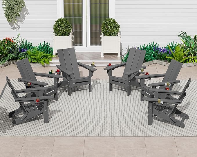 SERWALL Outdoor HDPE Adirondack Chair Set 2, Modern Folding Adirondack Chair with Cup Holders, Weather Resistant Fire Pit Chairs, Gray