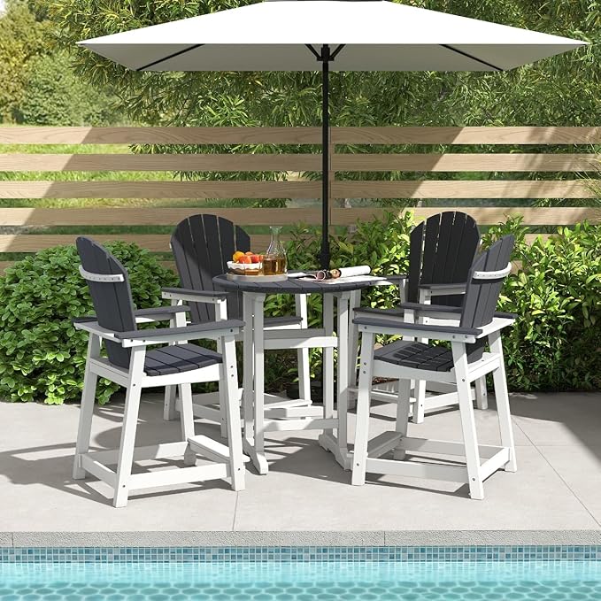 OTSUN 24 inch Tall Adirondack Chairs Set of 5, Patio Bar Stool Chairs with one Table, 400lbs, Widened Arms, All-Weather Balcony Chair for Backyard, Garden (White&Grey, 5 Sets)