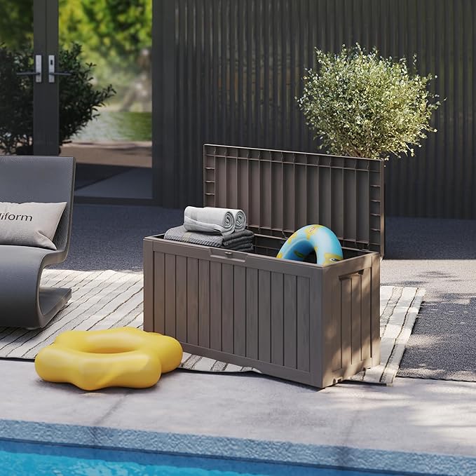 TARKARI 90 Gallon Lockable Resin Deck Box with Wheels, Waterproof & UV-Resistant Outdoor Storage Box for Outdoor Cushion Storage, Garden Tools & Pool Accessories Storage, Gray