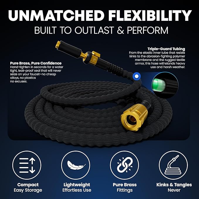 TITAN Flexible Garden Hose 7FT – Ultra Lightweight, Heavy Duty Water Hose with Brass Fittings & Jet Nozzle – Kink-Free, Non-Expanding, Durable Fabric Hose for Yard, Lawn, Car Wash, Outdoor Use