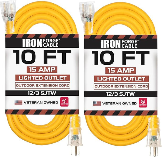 IRON FORGE CABLE 2 Pack of 10 Foot Outdoor Extension Cords - 12/3 SJTW Heavy Duty Lighted Yellow Extension Cable Set, 15 AMP
