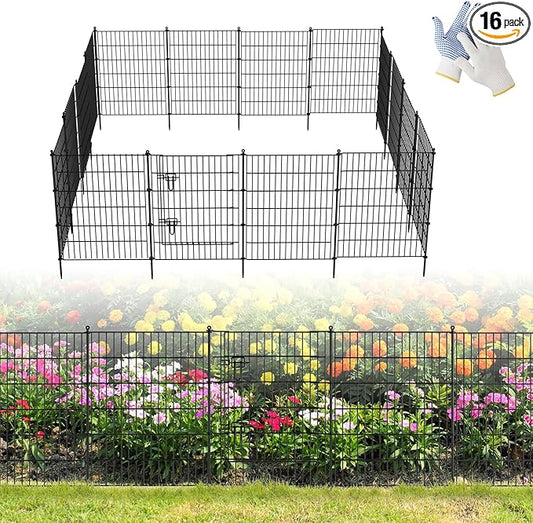 16 Panels Garden Fence,Rustproof Metal Fence Panels - 32in (H)×37.8ft (L) Garden Fencing Animal Barrier with Gate,Dog Fence Outdoor for Yard