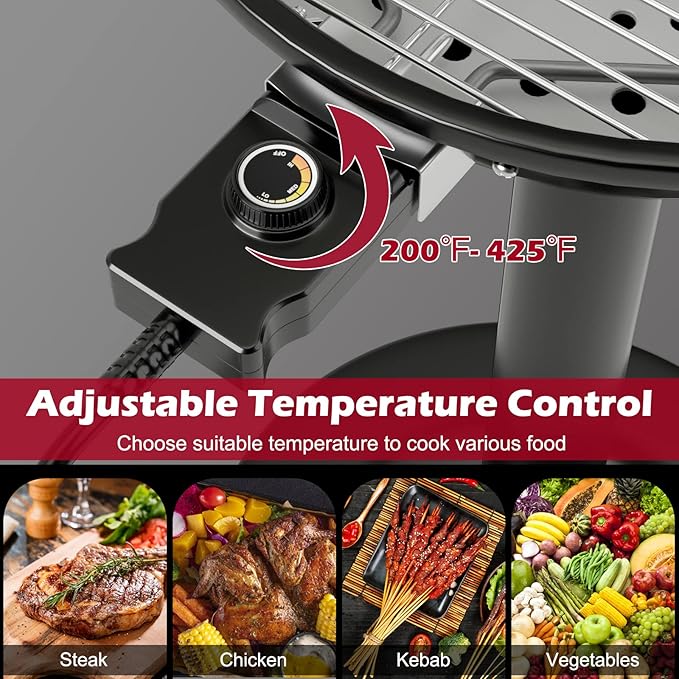 Giantex Electric BBQ Grill 1600W, Removable Non-Stick Grill Rack, Warming Rack, Oil Drip Tray, Adjustable Temperature, Portable Outdoor Electric Grill for Camping Picnic Tailgating, Red & Black