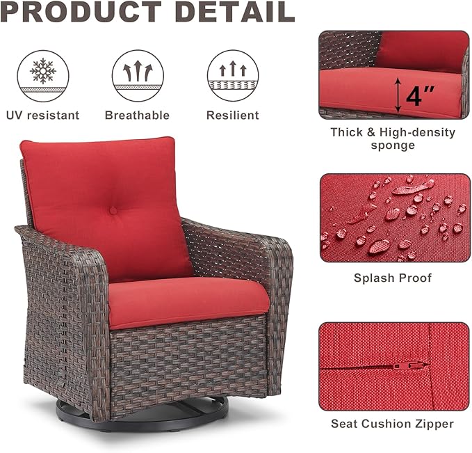 Rilyson Outdoor Patio Swivel Rocker Chairs - 6 PC Wicker Patio Bistro Sets with High Back,Comfy Cushions,Deep Seating and Side Table for Porch Deck Backyard Garden(Brown/Red)